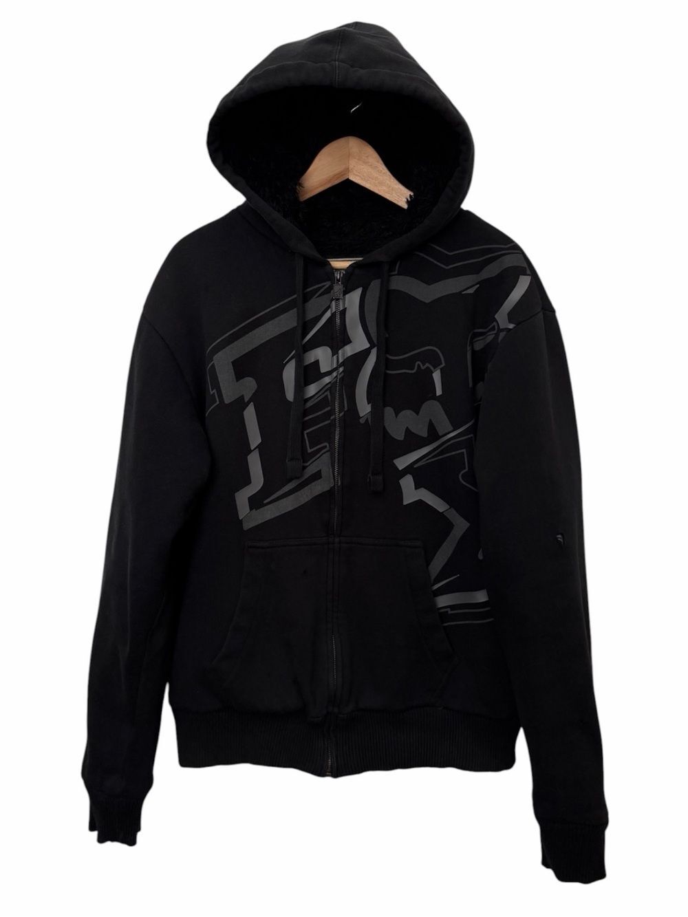 Fox Racing Sasquatch Men Sz L Black Faux Fur Lined Zip Hooded Jacket Grunge Y2K - Picture 3 of 12